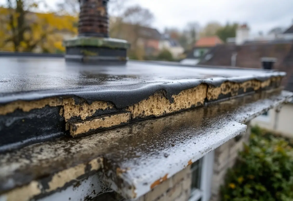 Vue générale d’un toit-terrasse après la pluie, illustrant l’observation de la membrane