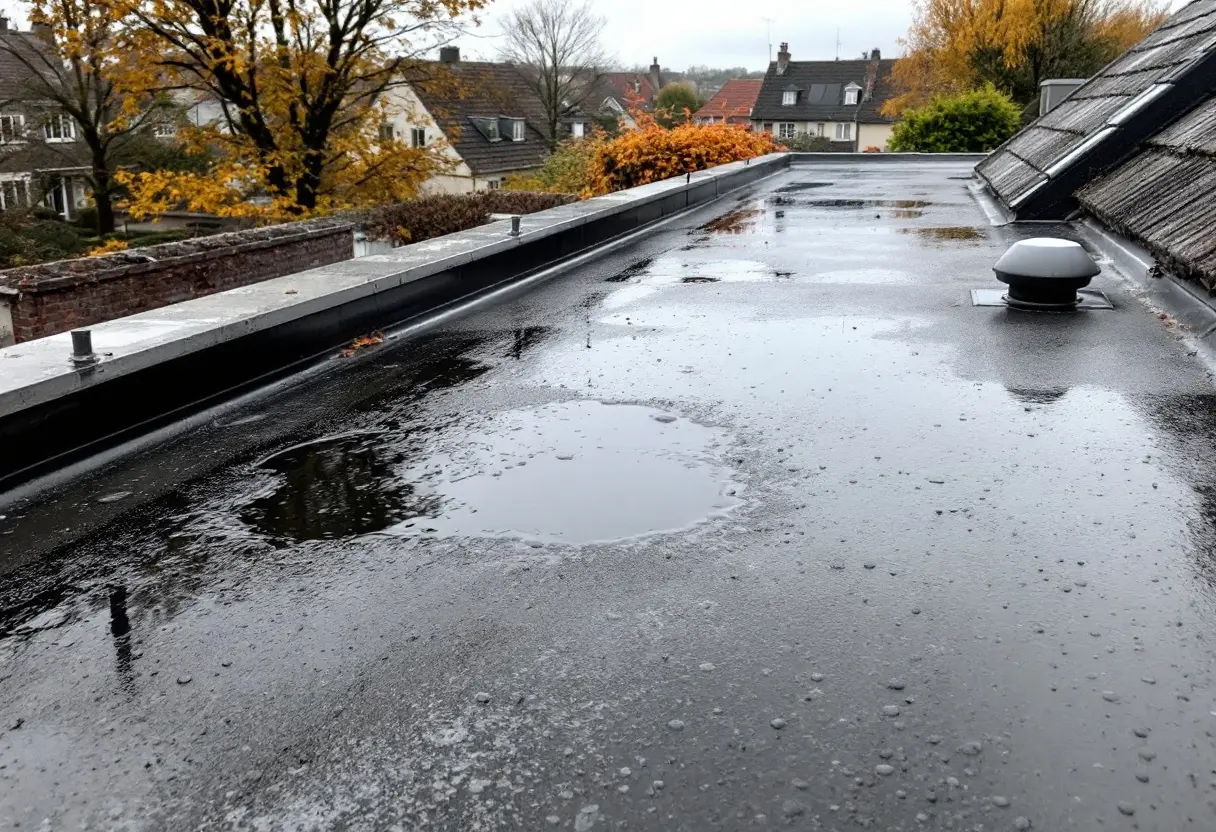 Toit-terrasse après la pluie, avec une zone d’eau stagnante près d’une évacuation